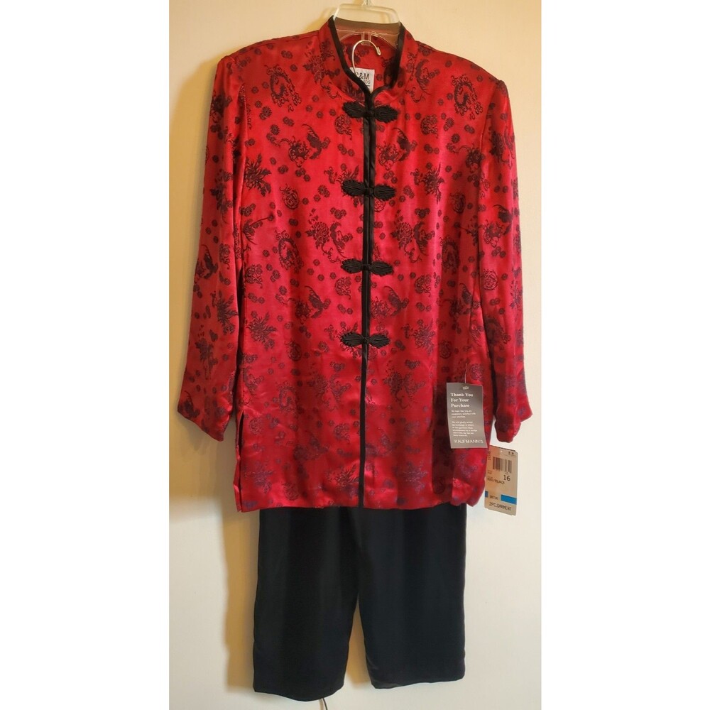 VTG 90s R&M Richards by Karen Kwong 2-Piece Pant Set Red Jacquard Size 16 NWT
